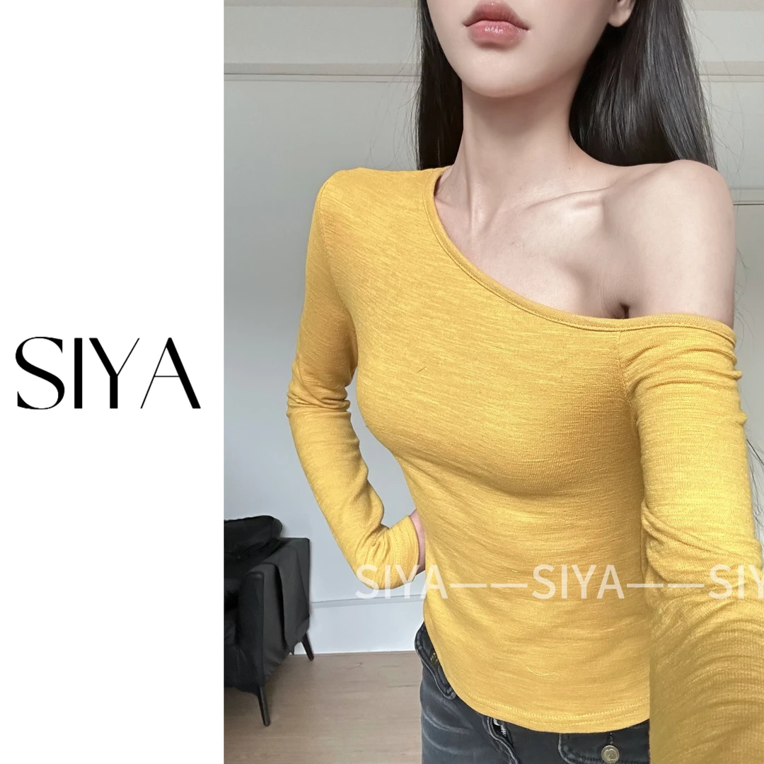 【SIYA】美式辣妹黄色紧身长袖t恤女早春新款修身显瘦收腰上衣