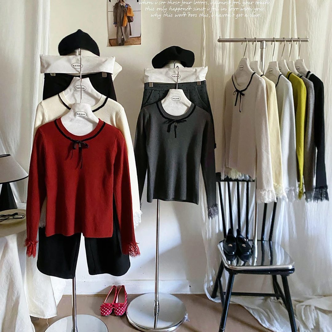 韩系复古蝴蝶结系带长袖红色针织衫女秋冬蕾丝拼接甜美打底衫上衣