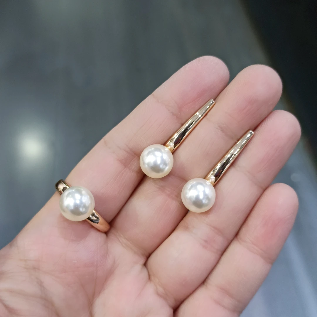 非金属仿珍珠戒指 铜镀585紫金带珍珠耳扣戒指两件套高档精致百搭