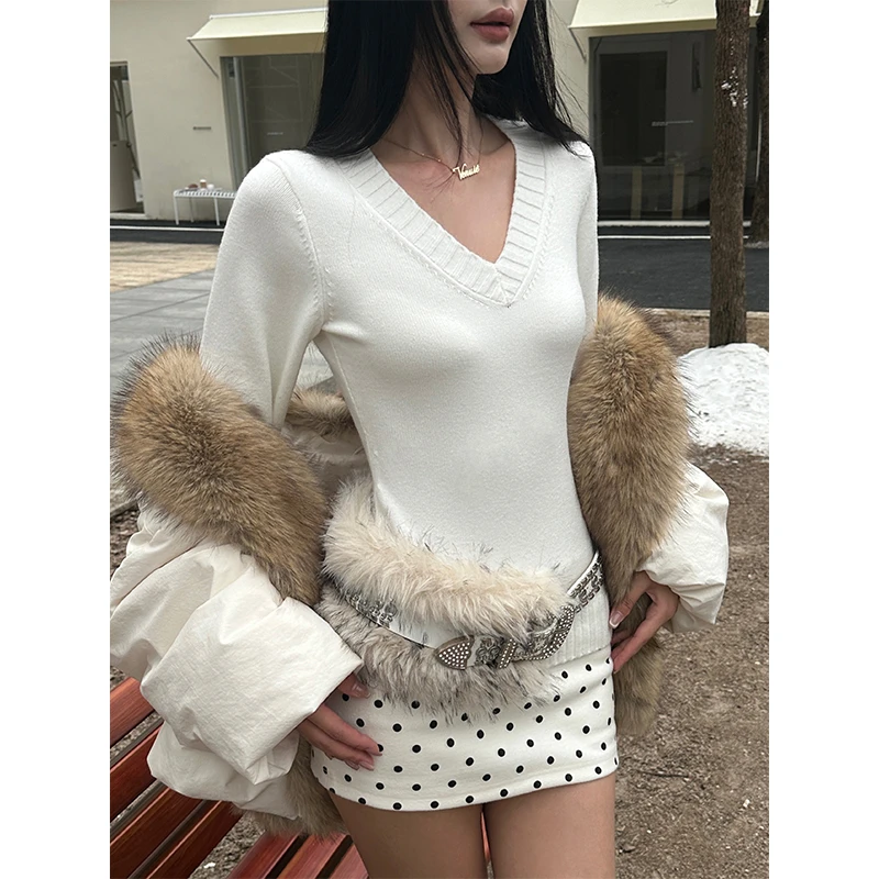 VENUIE【东方既白】简约V领美式修身显瘦纯色百搭针织内搭上衣24362