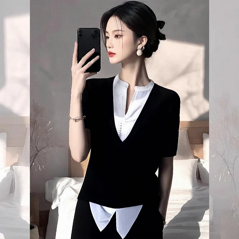 爆款短袖t恤衫女士夏装2025新款韩版假两件上衣女装时髦时尚洋气