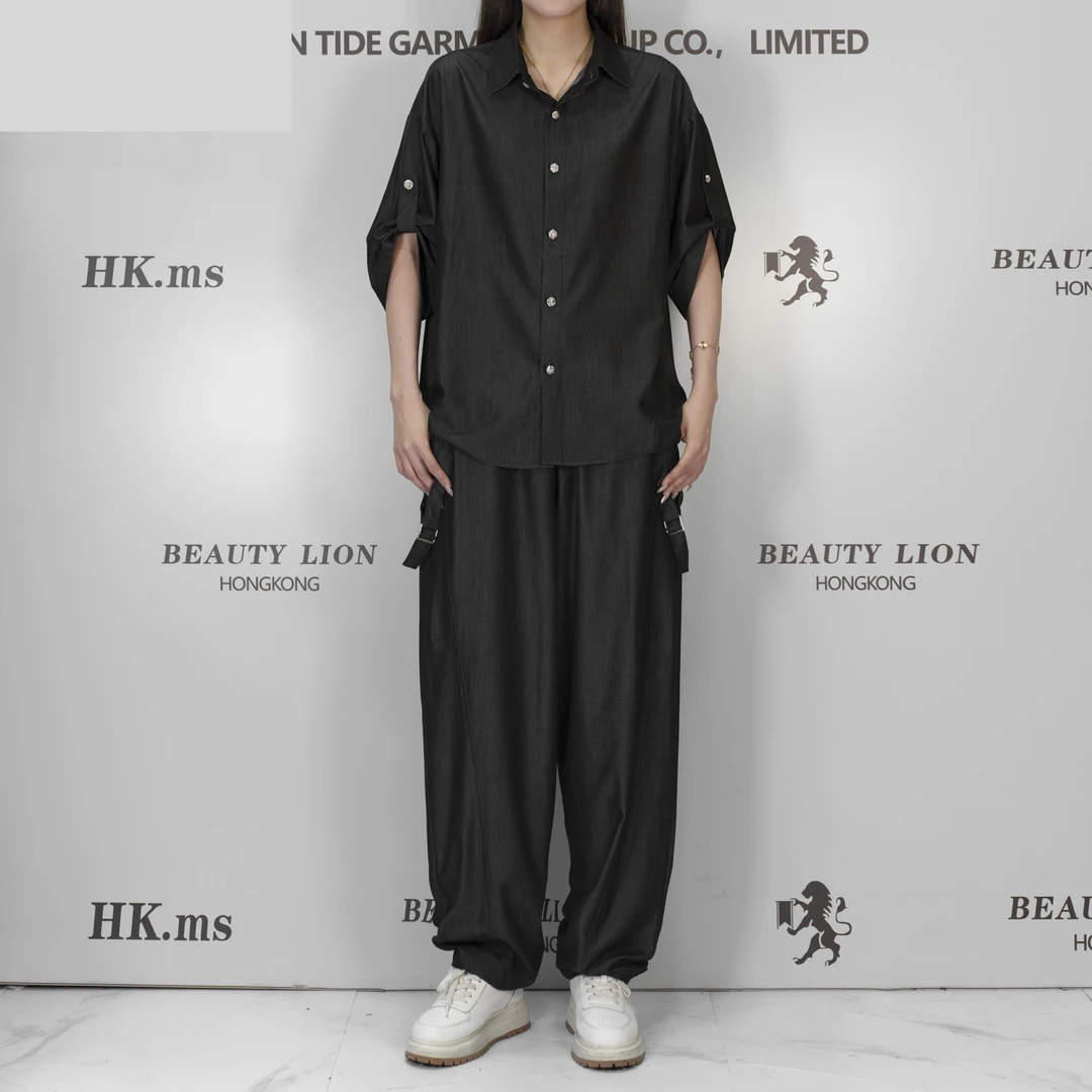 2025H·K美狮潮牌港风时尚夏季简约纯色短袖拼接感休闲百搭套装