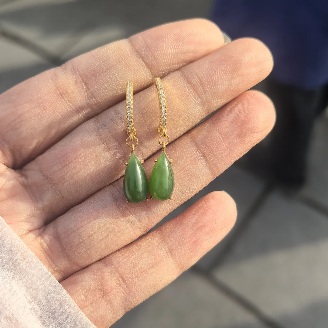 和田玉碧玉水滴耳钩-ZR