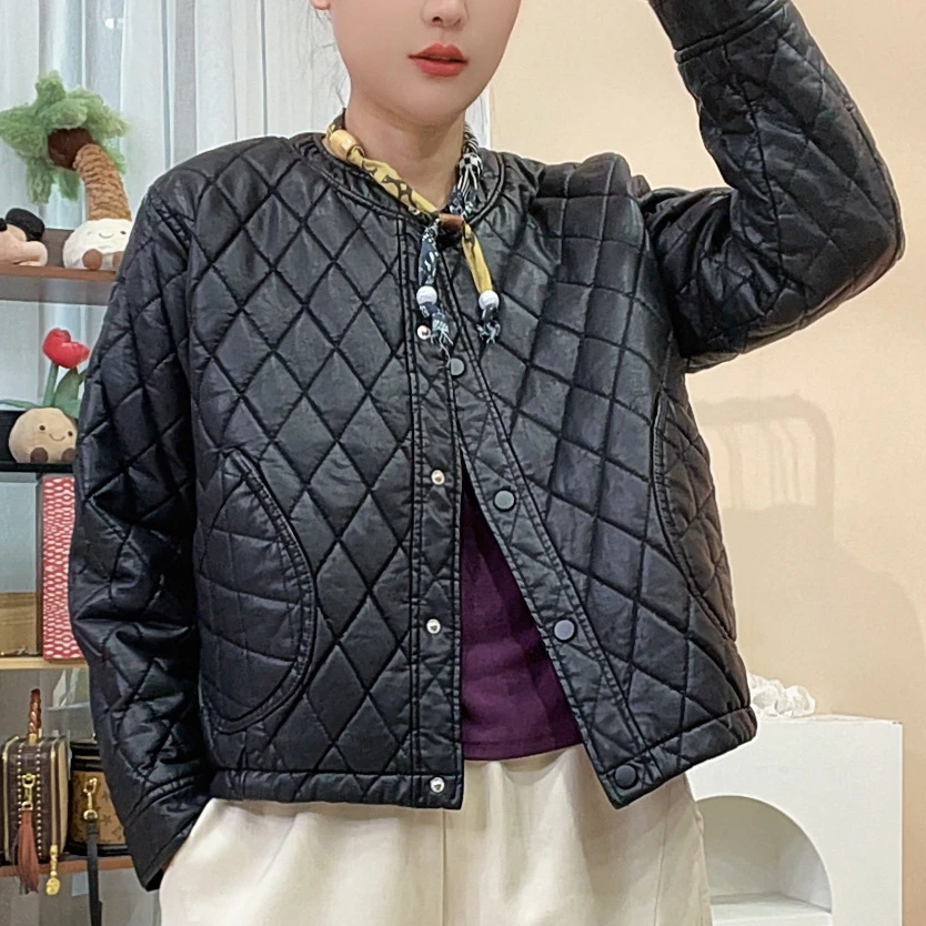967欧货爆款绗棉水洗皮冬款棉衣女