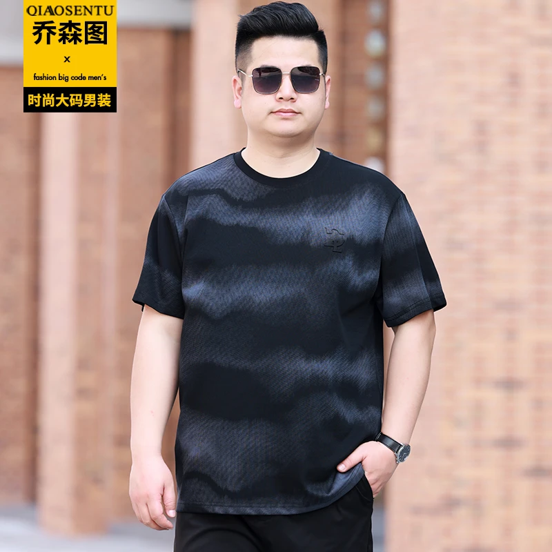 夏季薄款胖子肥佬男式宽松休闲短袖t恤加肥加大码圆领半袖体恤衫
