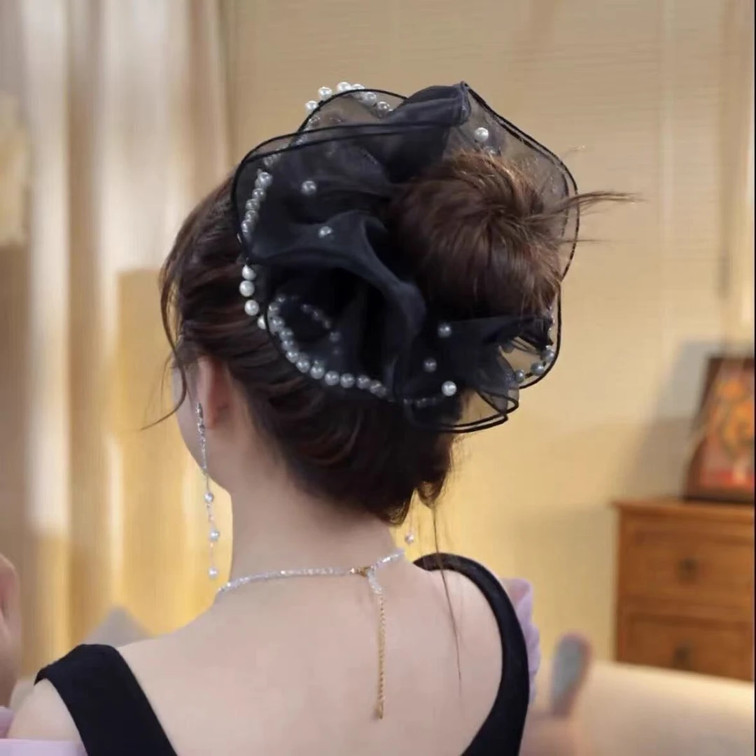 甜美珍珠大肠圈简约丸子头气质发绳轻奢韩版网纱少女扎马尾头饰