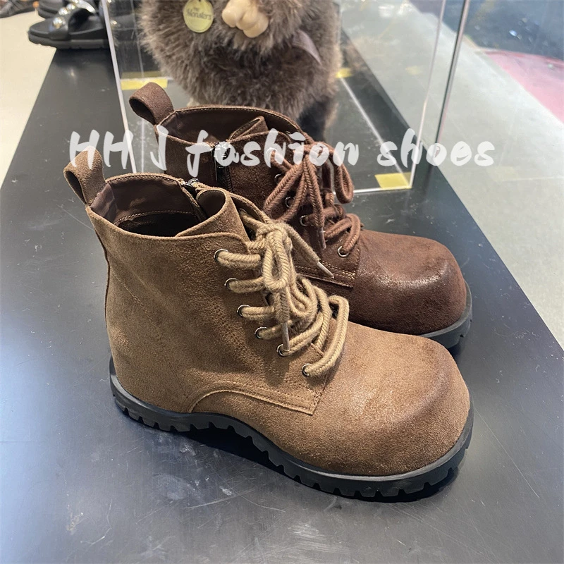 2025秋冬新款马丁靴女真皮时尚内增高擦色复古侧系带大头丑萌短靴