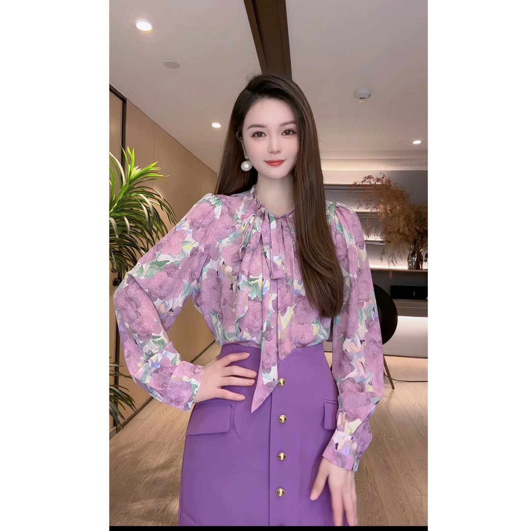 【深圳米熙儿】新款轻奢蝴蝶结系带衬衫23127