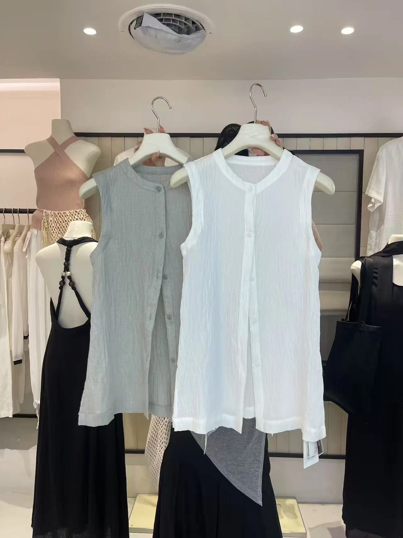 ELSISSI2025春季新款亚麻肌理感圆领马甲上衣