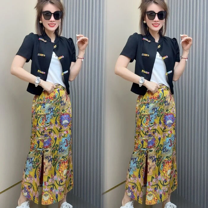 新中式外套花色半身裙两件套