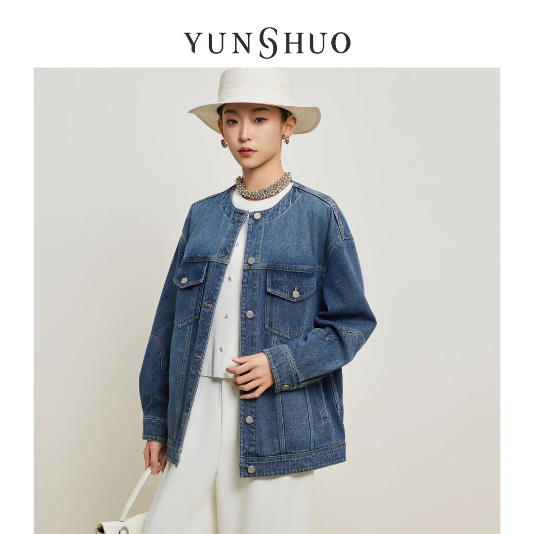 允硕春季新品时尚百搭牛仔复古圆领女拼接休闲气质宽松外套456164