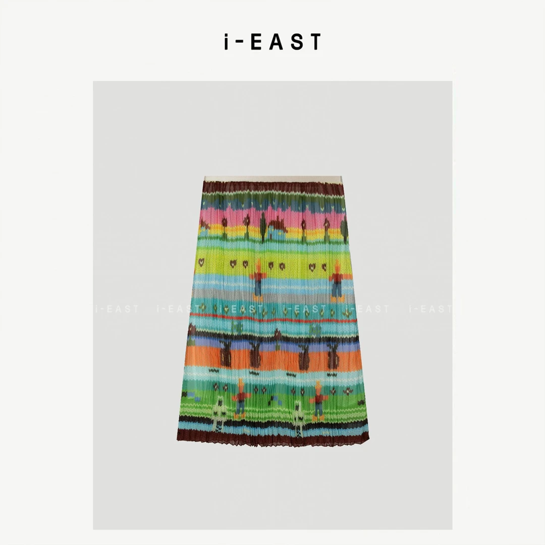 i-EAST 梦野长廊~彩虹色撞色褶皱松紧腰半身裙-5X Q13658