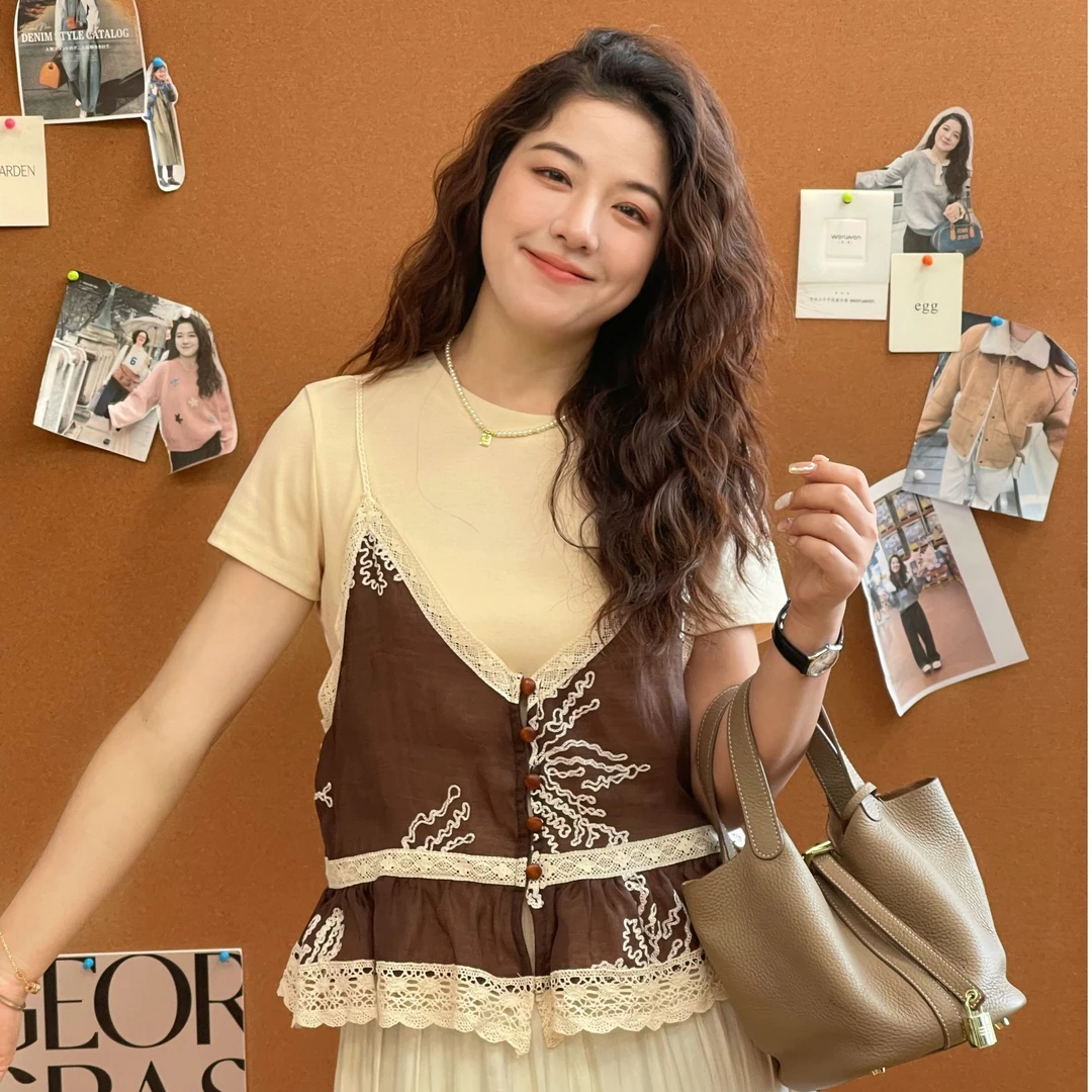 WenWen小个子织带花边刺绣吊带拼接圆领短袖T恤假两件上衣夏3998