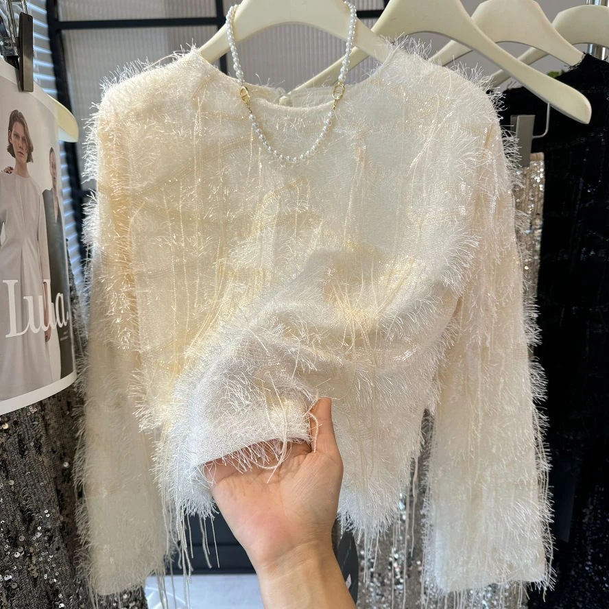 亮片白色圆领常规小衫上衣衬衫内搭连衣裙针织秋冬流苏宽松