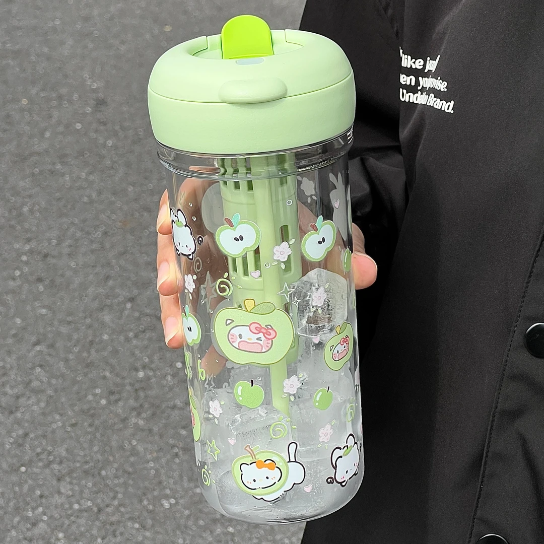 青苹果小猫水杯女生高颜值2025新款学生大容量杯子带吸管茶水分离