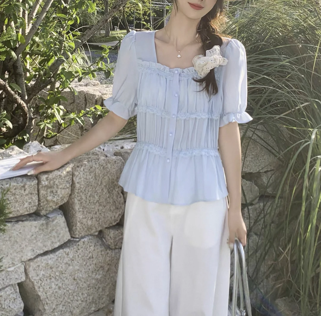 【李姑娘专属】76252法式甜美蕾丝边方领短袖