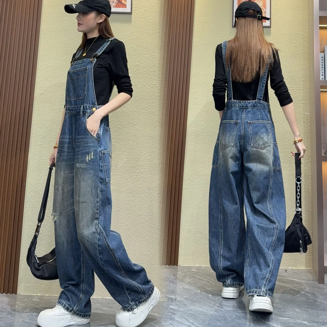 2025年秋季新款美式设计阔腿牛仔连体裤女高腰宽松显瘦街头风长裤