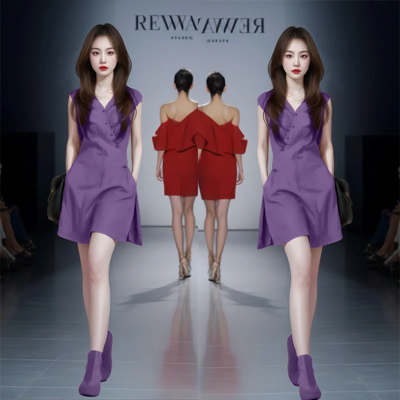 紫色V领收腰无袖亚麻连衣裙女夏季2025年冷淡系大亚麻V领收腰