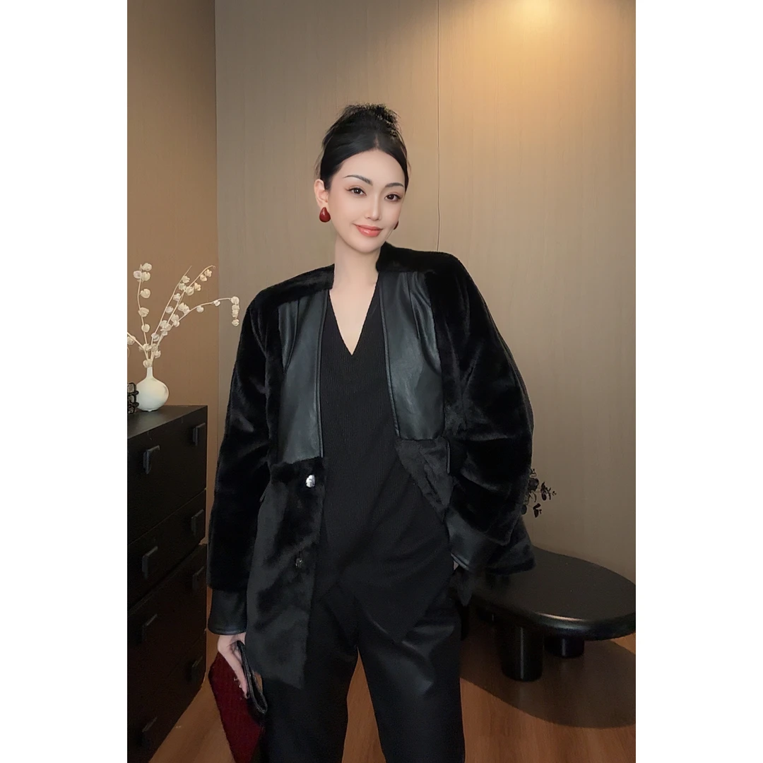 紫紫  简奢外套  典藏系列毛毛拼皮夹棉外套ZC08WZYL577