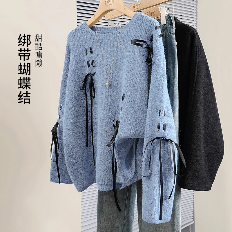 丝柏舍2025冬装新款女装系带宽松长袖套头圆领针织衫S53W7164Z