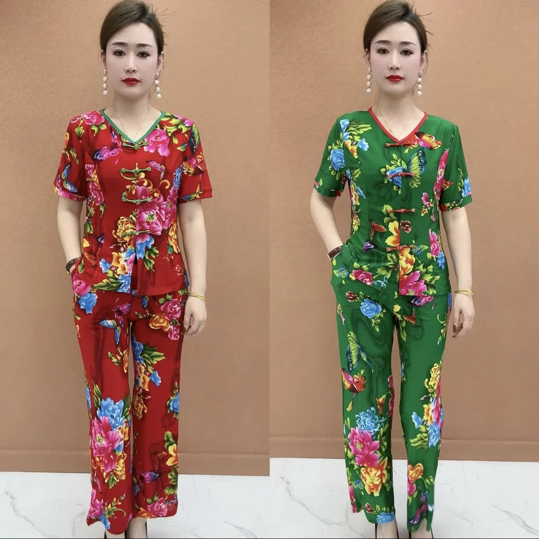 夏季中老年女装纽扣中式V领演出服民族风女装时尚牡丹花七分袖