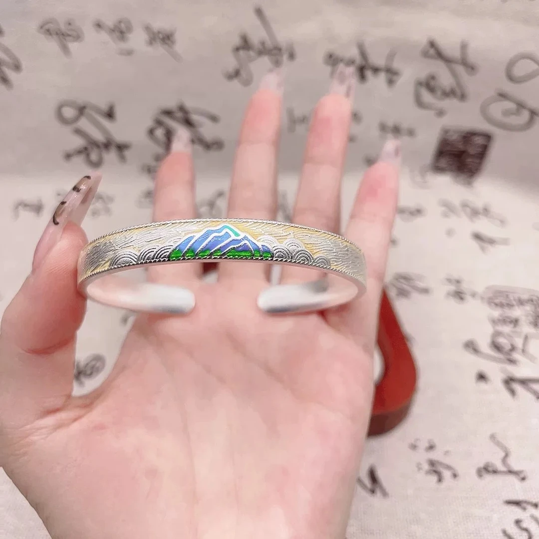 足银手镯 44号 千里江山珐琅彩开口实心足银手镯