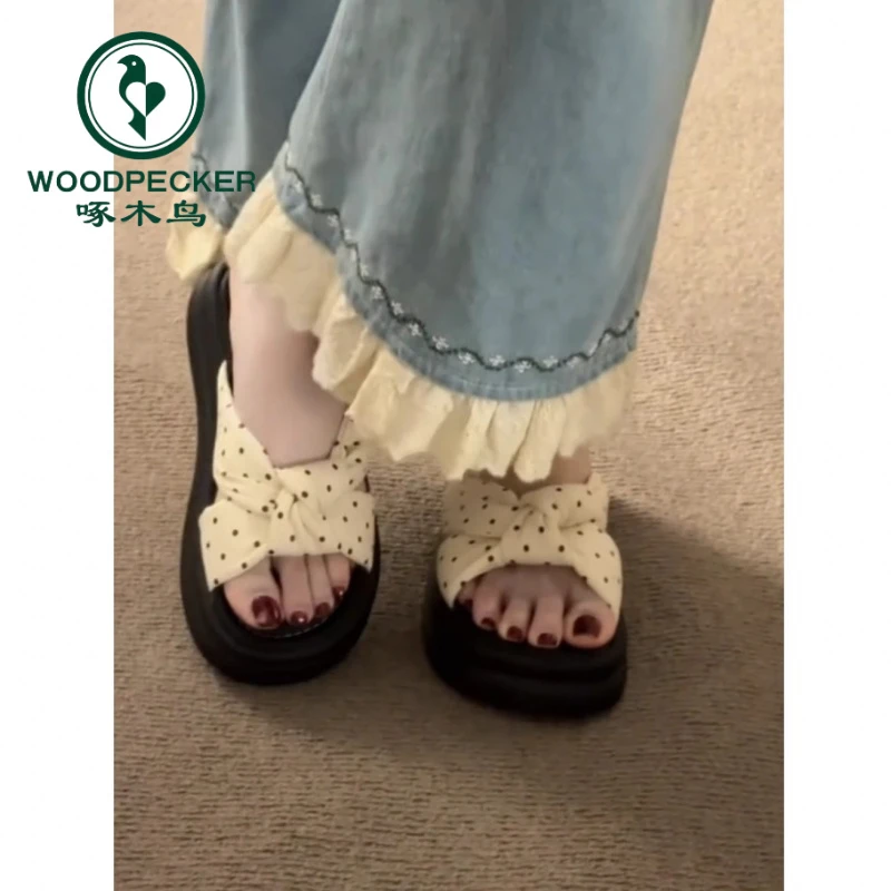 啄木鸟韩系波点松糕厚底凉拖鞋女2025夏季新款外穿百搭露趾一字拖