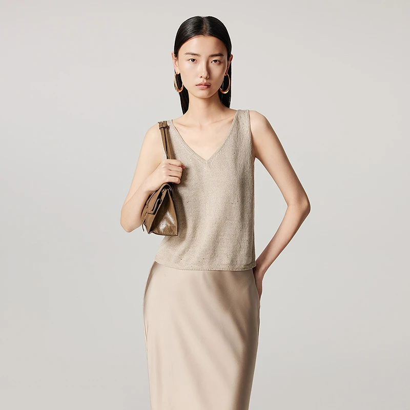 LANCY/朗姿2025秋新款气质高级老钱风亚麻V领无袖针织吊带背心女L