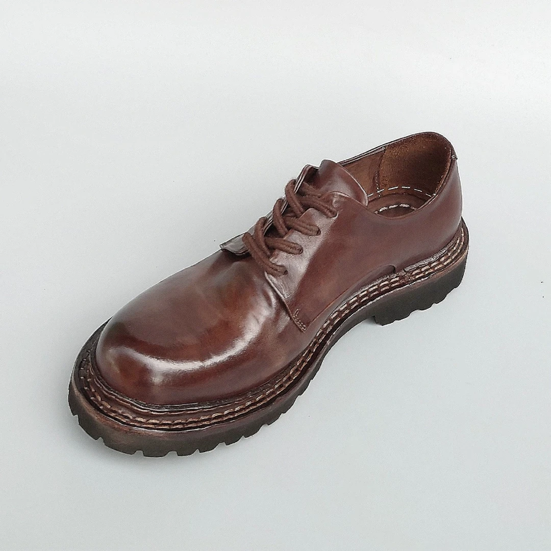 帕克黑豹水洗做旧手工制作双缝线马皮德比皮鞋男士