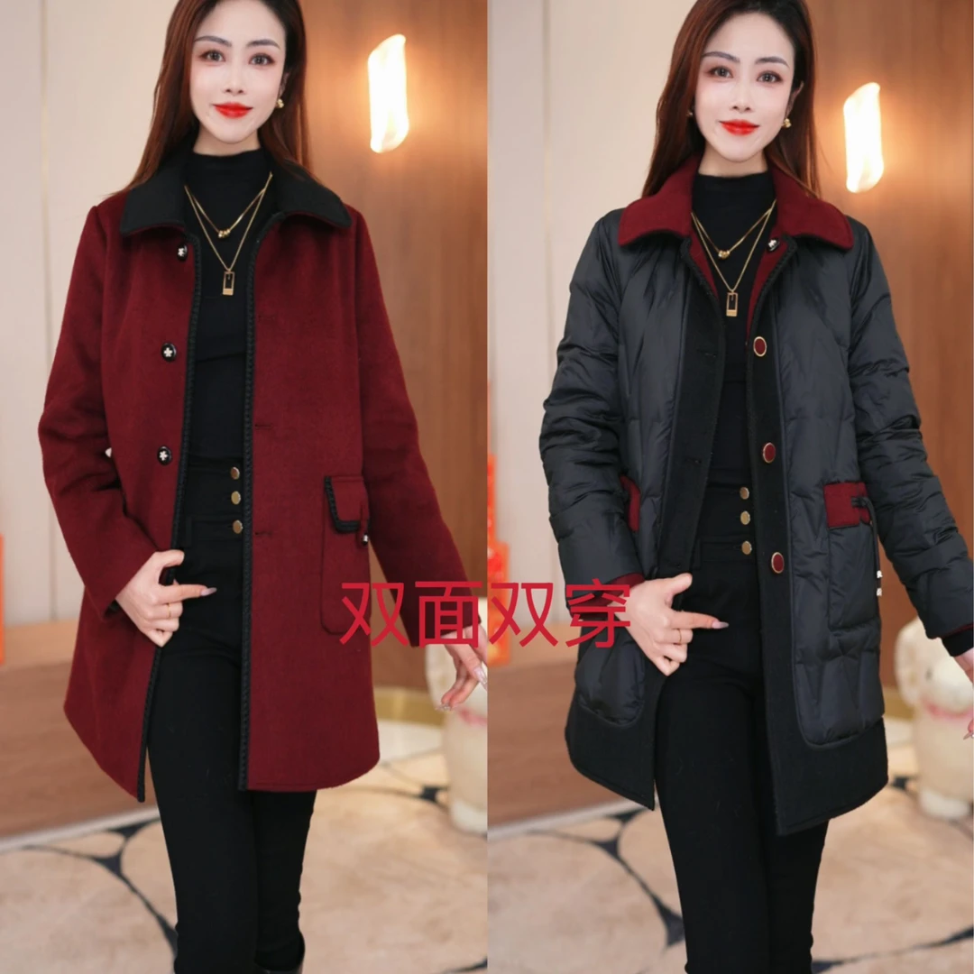 【鑫鑫专享】25年秋冬羽绒服白鸭绒大衣中老年羊毛外套女装双面加厚