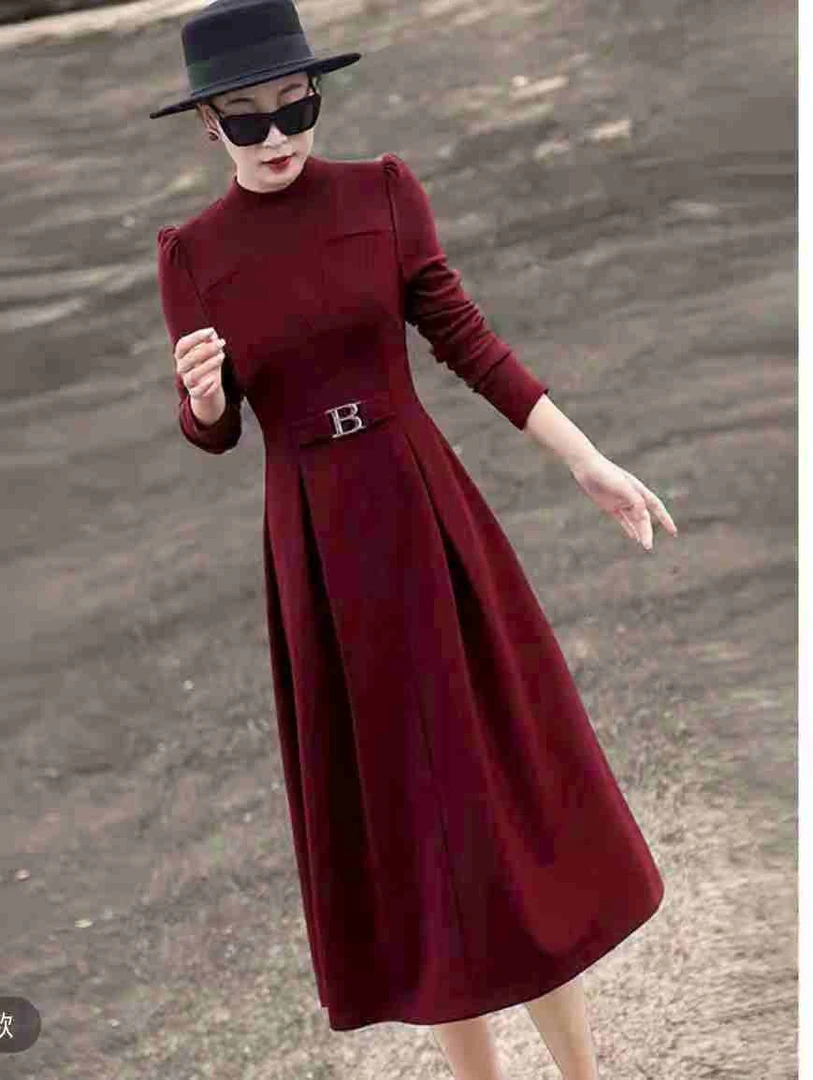 A1342法式高弹力秋季长袖减龄气质连衣裙洋气修身