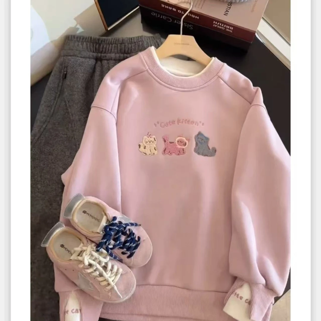 秋冬季新款女童中大童加绒刺绣假两件卫衣百搭宽松上衣加厚儿童