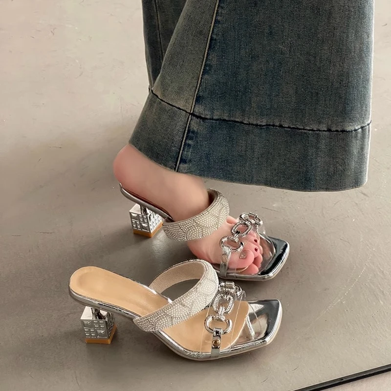 2025夏季新款细高跟凉鞋透明水钻外穿凉拖鞋女方头性感百搭高跟鞋