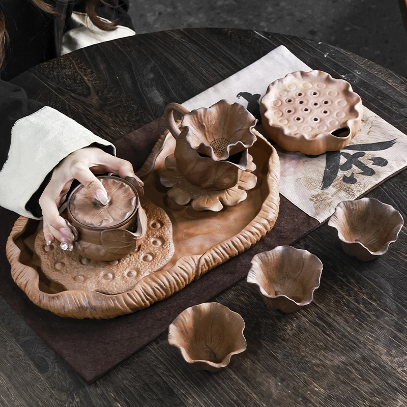 素烧粗陶茶具素烧粗陶老岩泥8件整套功夫茶具陶瓷复古家用办公室