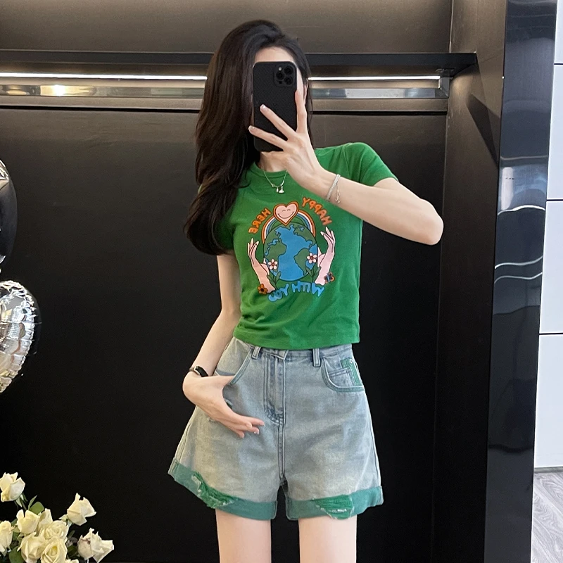 【防掉色】休闲风时尚套装高腰韩版短款T恤宽松提臀牛仔短裤女夏季