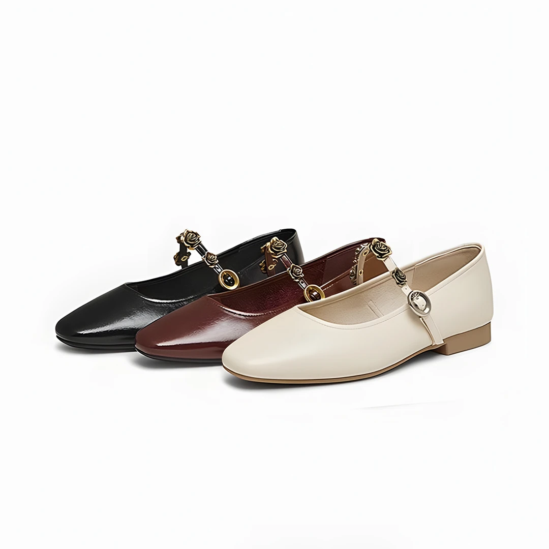 【77专属】时尚一字带扣金属玫瑰复古单鞋KD251101-7A