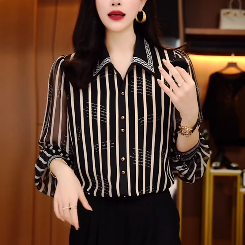 女士黑色条纹雪纺衫女2025秋季新款洋气减龄宽松休闲显瘦长袖上衣