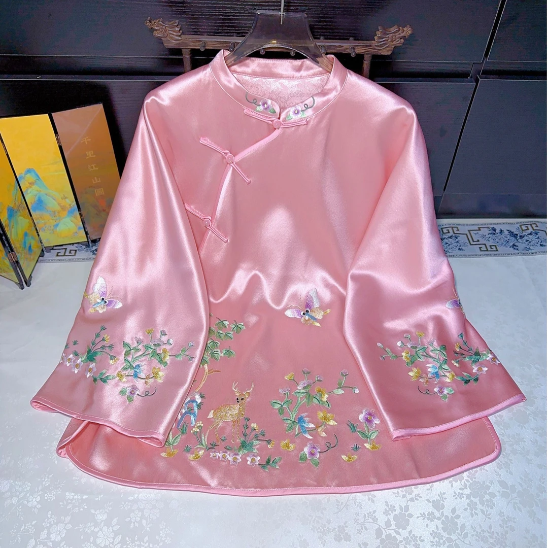 原创新中式气质长袖重磅醋酸重工刺绣国风立领斜襟七分袖盘扣上衣