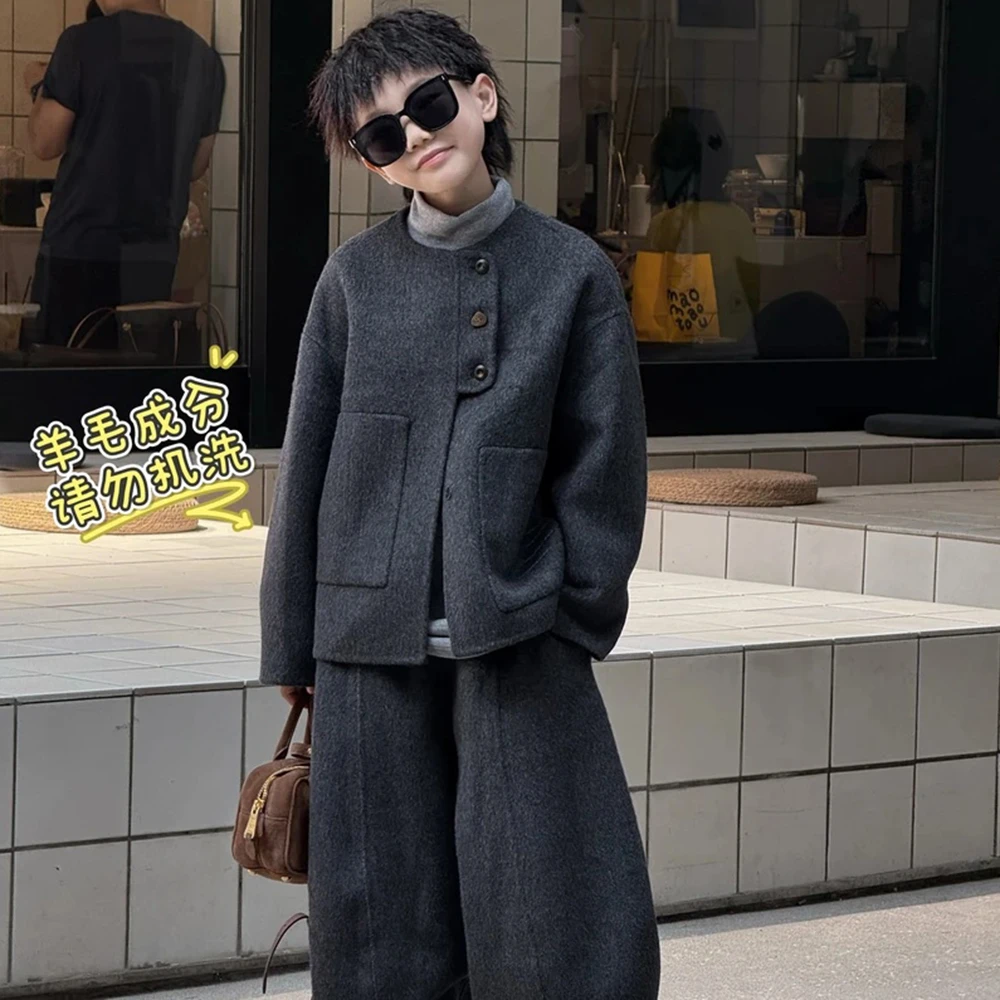 男童秋冬毛呢潮流帅气纯色套装2025新款中大童时尚加厚加绒两件套