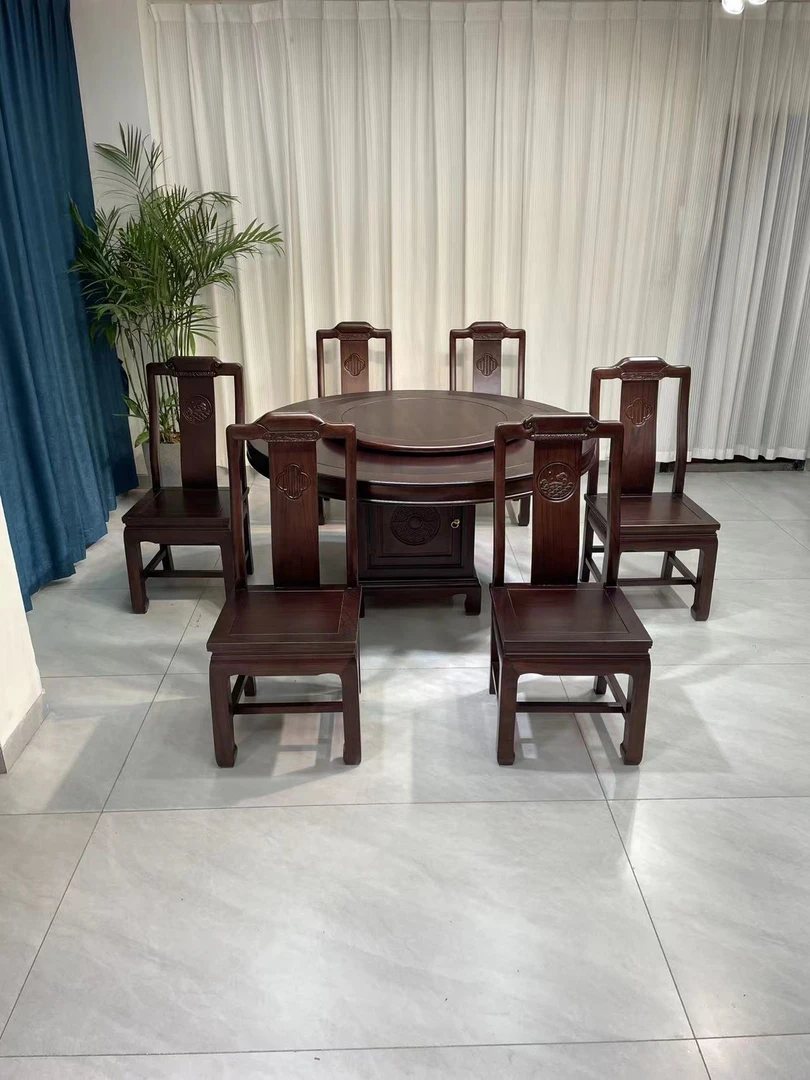 榫卯全实木餐桌家用南美檀木圆桌现代轻奢餐桌圆形雕花客厅吃饭桌