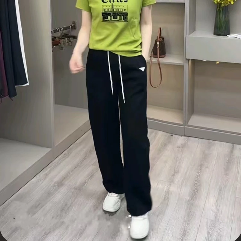 抽绳高腰运动裤2025春秋新款纯色宽松显瘦休闲裤百搭直筒长裤女装