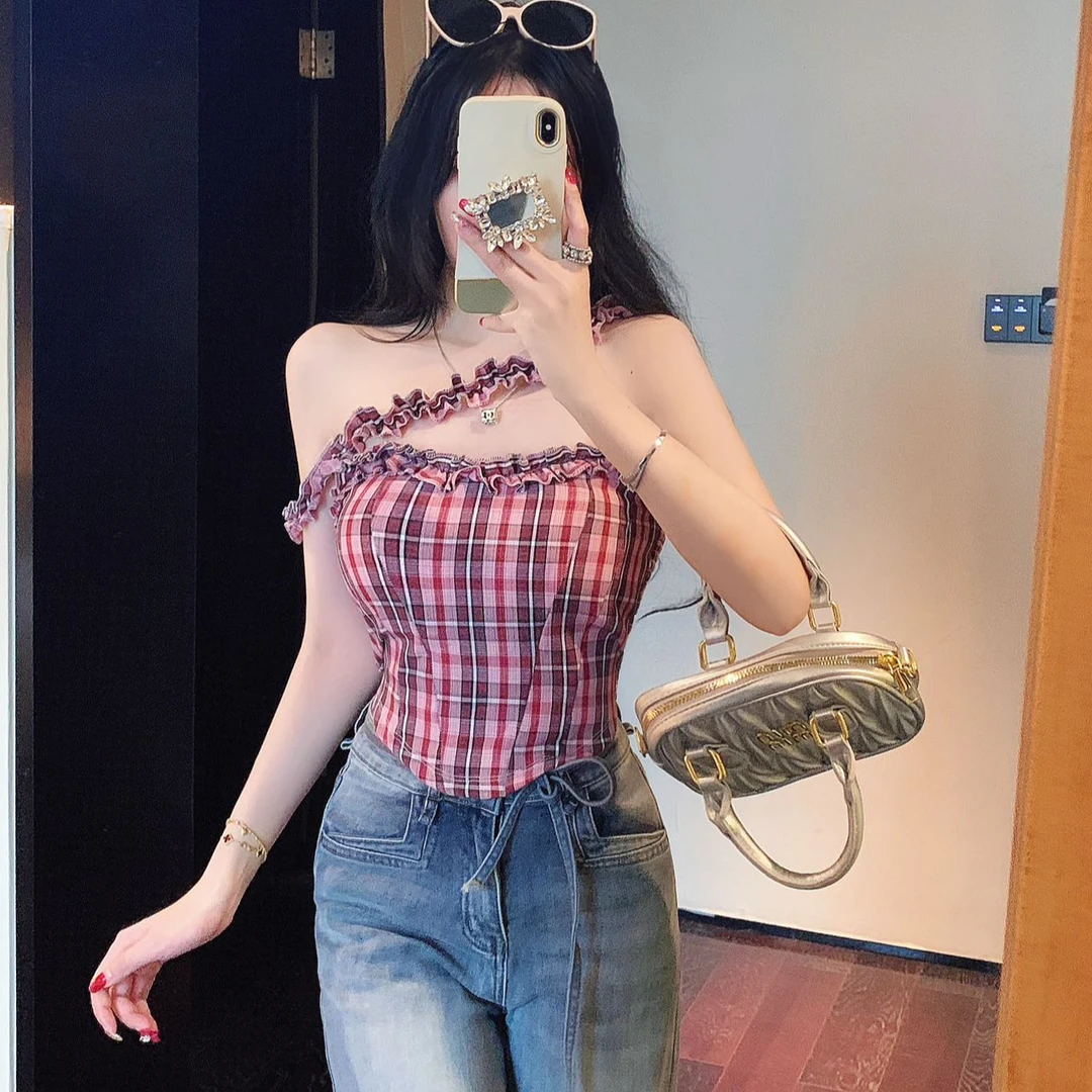 【带胸垫】复古辣妹格纹抹胸女夏季独特别致设计感小众吊带背心短款