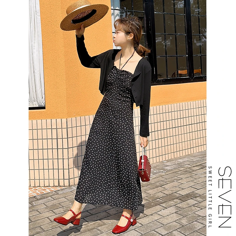 73⑧七七146小个子法式碎花吊带连衣裙女春夏时尚收腰长裙小美说