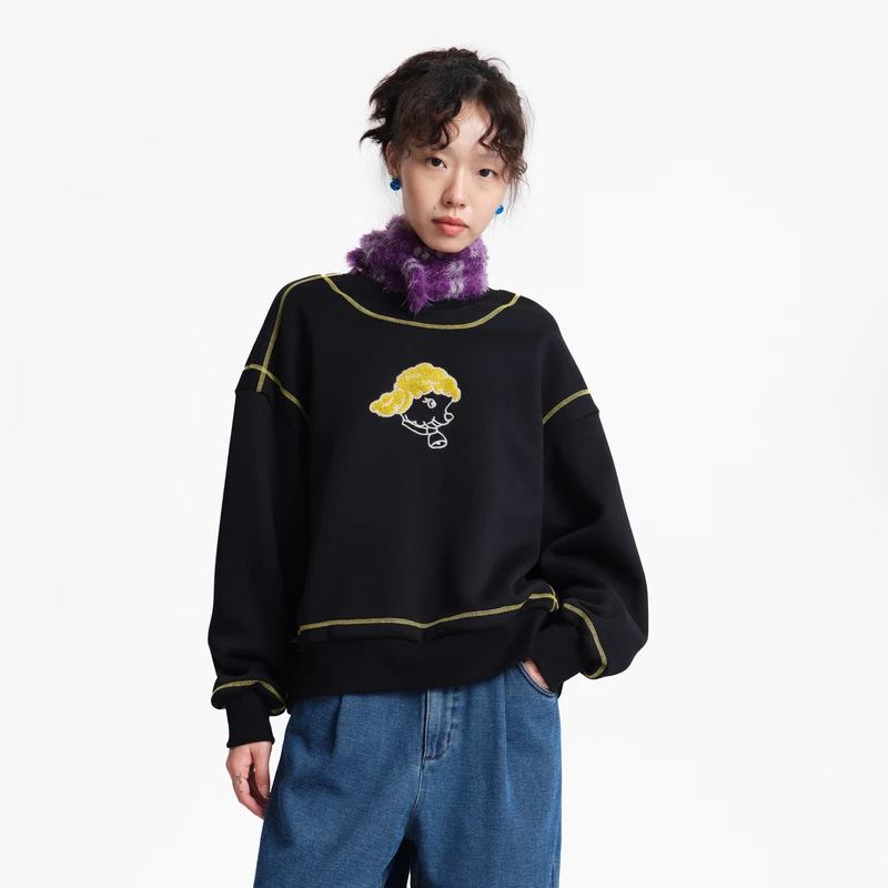 MOVEUP幻走2025冬季新款.FUN 小羊绣花撞色线短款卫衣女3EWD11415