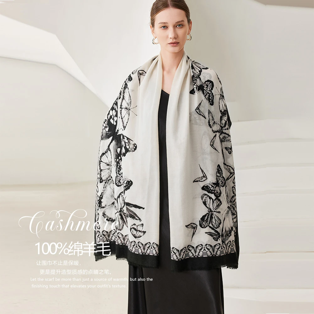 奢凌羊「蝴蝶飞飞」100%绵羊毛防风时尚旅游保暖围巾女士披肩澳毛