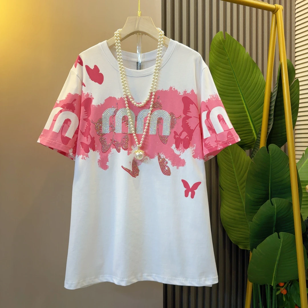 高级感爆款美式烫钻印花小众T恤衫衣长72左右