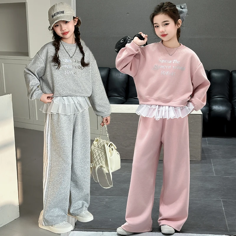 女童春装2025中大童儿童春秋款灰色卫衣假两件休闲裤圆领套头套装