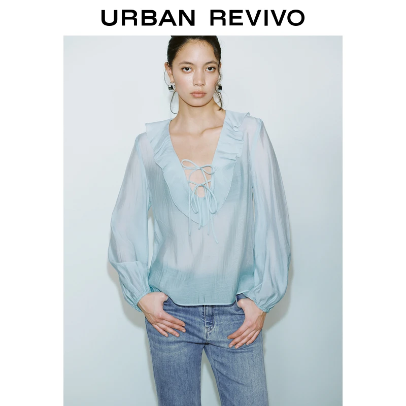 UR2025春季新款女装欧若风荷叶边V领系带宽松罩衫衬衫UWM250021