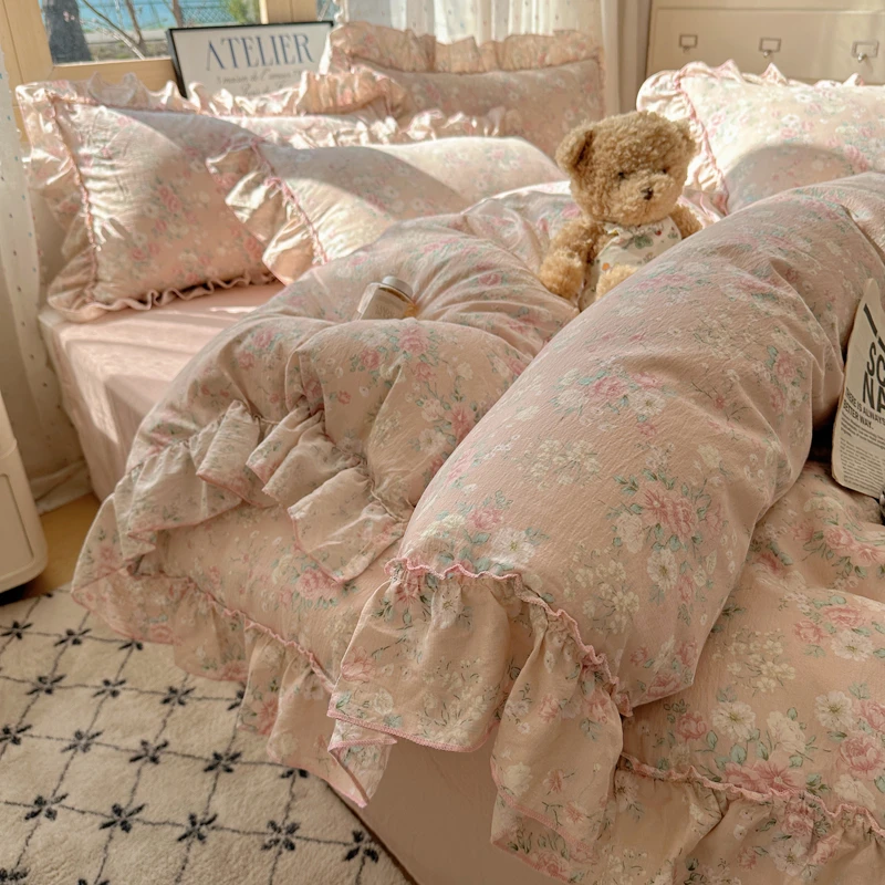 法式双层纱花边床上四件套非全棉纯棉少女心被套床单宿舍三件套夏