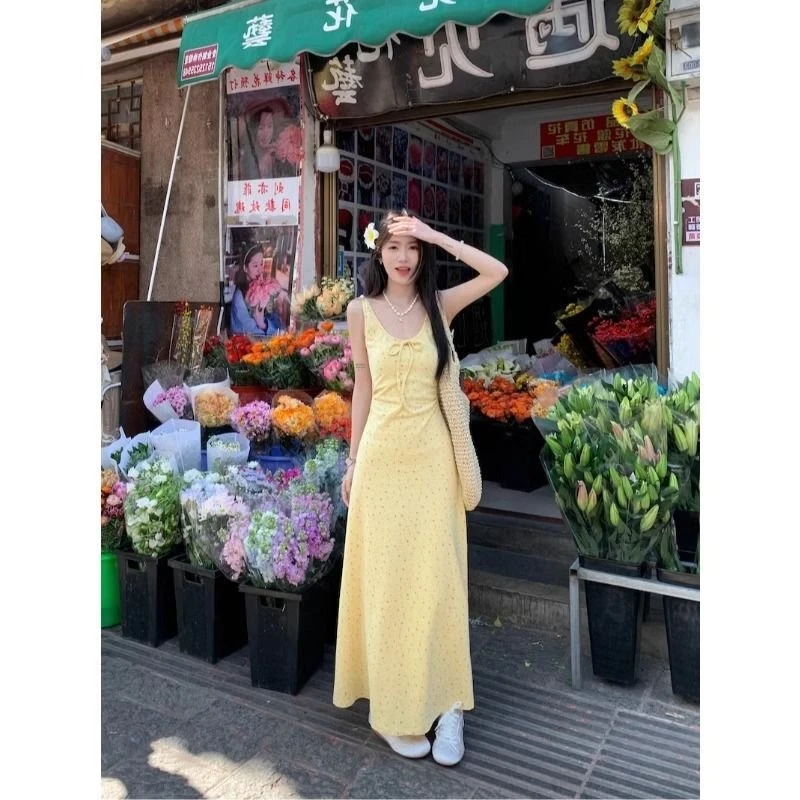 黄色碎花吊带连衣裙女夏季无袖背心裙法式甜美风收腰长裙a字裙子